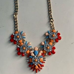 Baublebar Statement Necklace Gold Tone Chain Link Coral Blue Cabochon